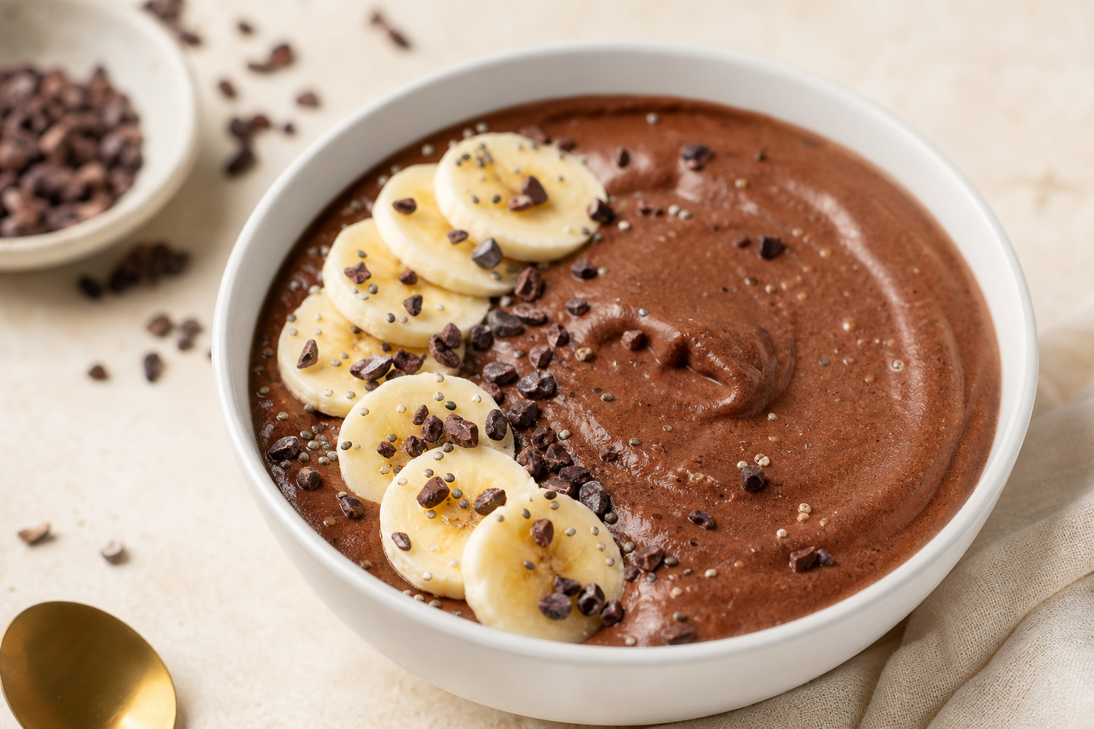 Chocolate protein smoothie bowl with banana and cacao nibs