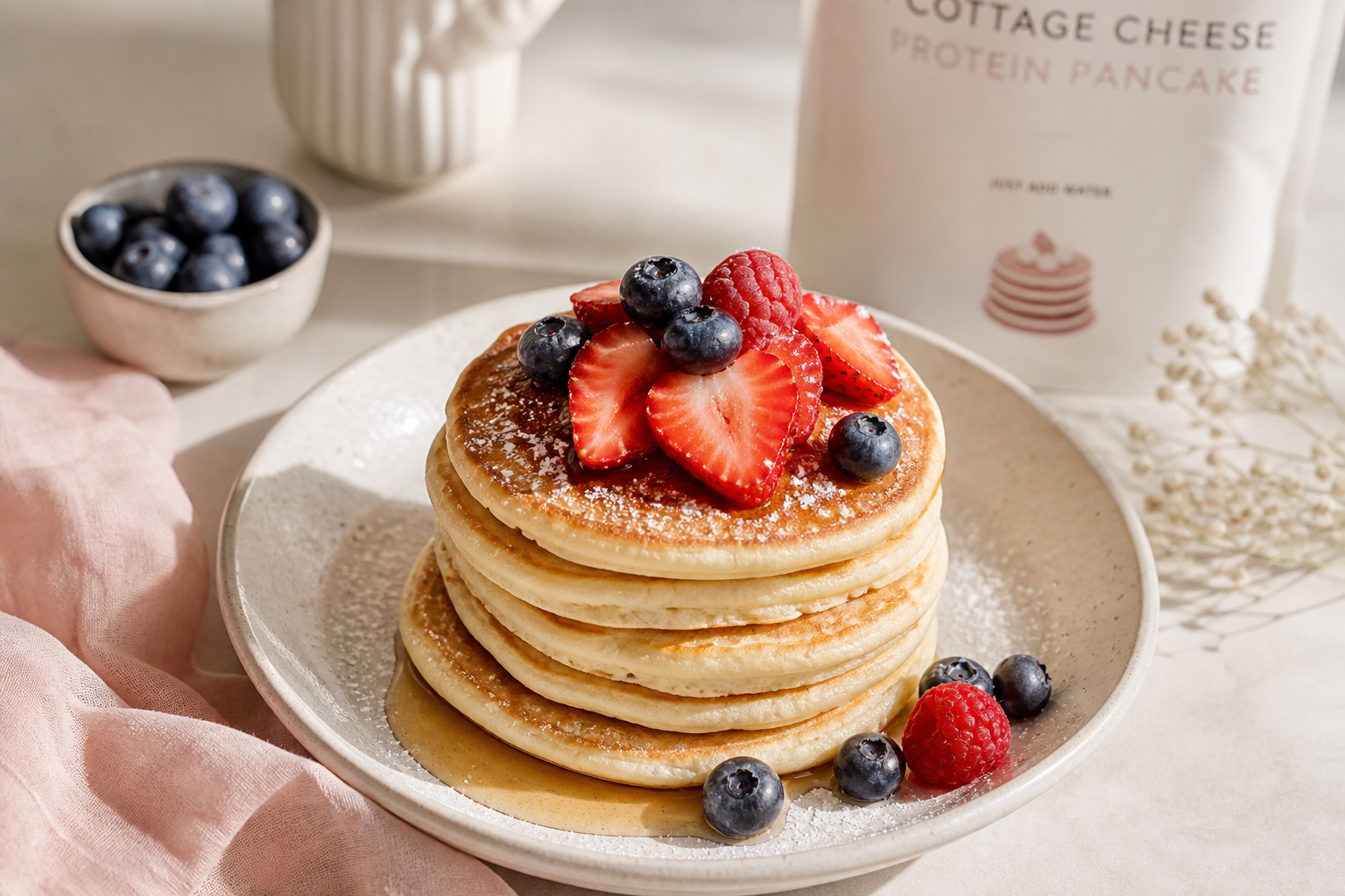 Stack of cottage cheese protein pancakes with berries