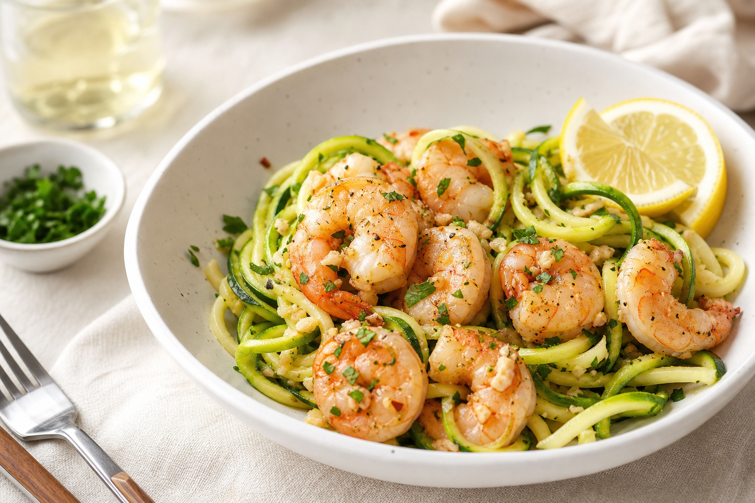 Garlic shrimp with zucchini noodles in a white bowl