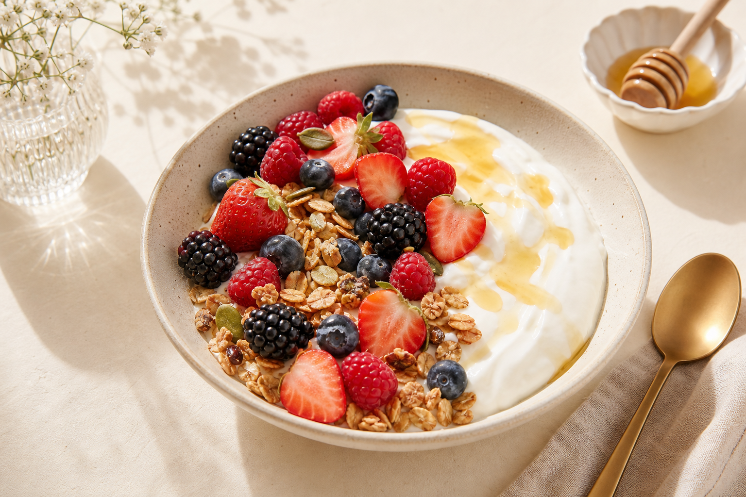 Greek yogurt protein bowl with berries and granola on a cream background