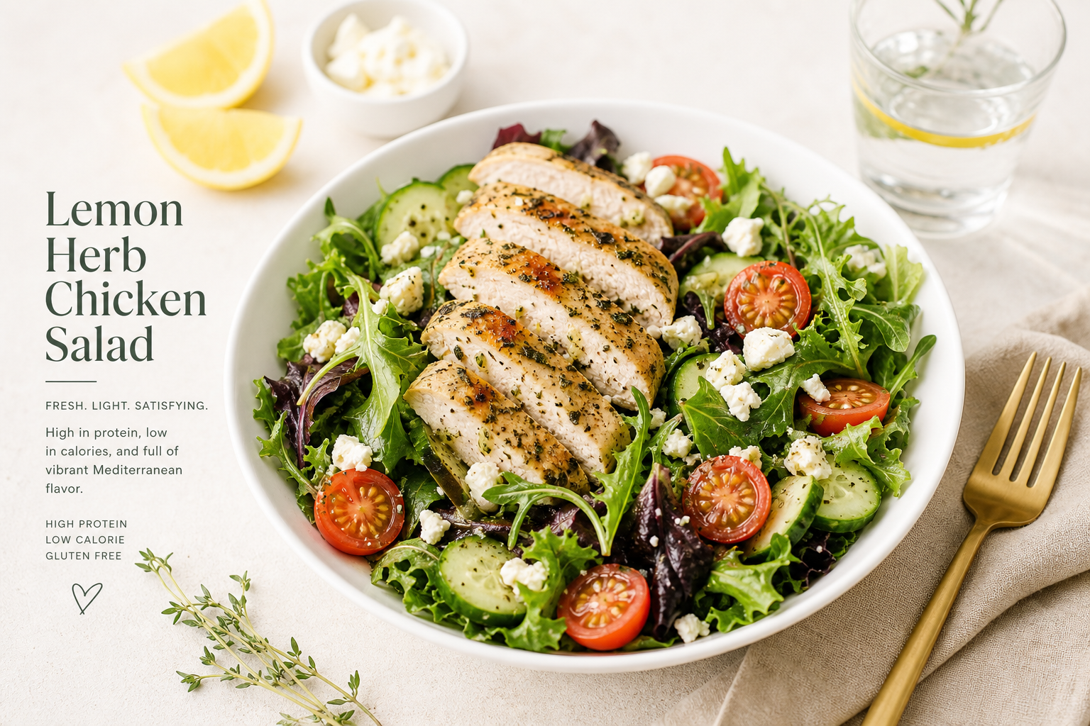 Lemon herb chicken salad with greens and cherry tomatoes