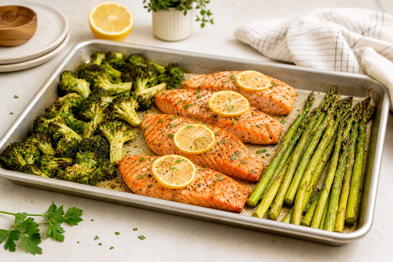 Sheet pan lemon salmon with roasted broccoli and asparagus