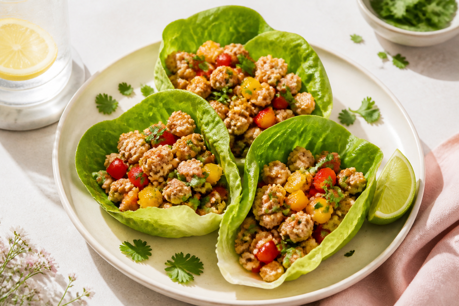 Turkey lettuce wraps with colorful bell peppers