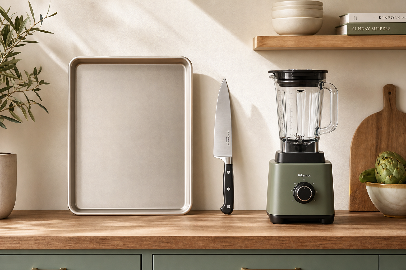 Minimal kitchen tools arranged neatly on a wooden counter