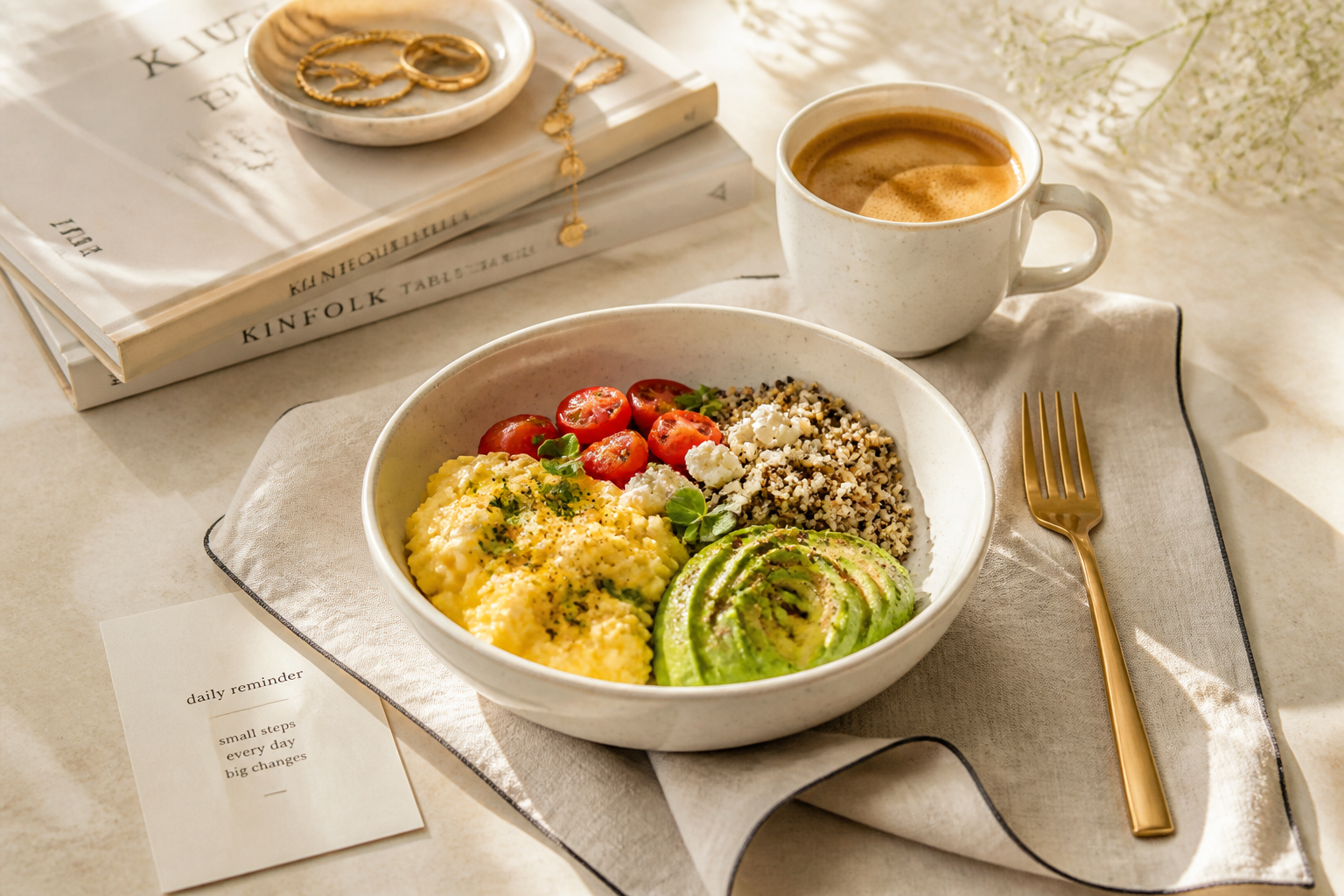 Sunlit breakfast table with a protein bowl and coffee