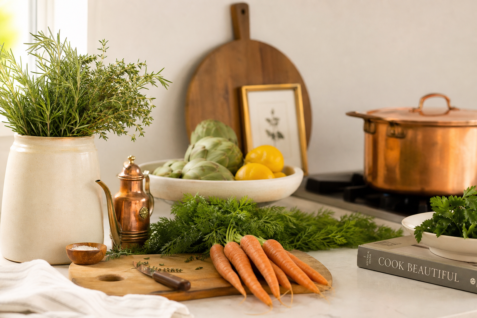 Warm kitchen scene with fresh ingredients on a cream countertop
